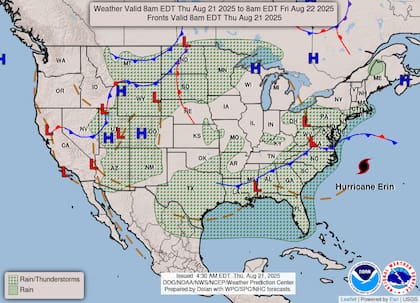 Un frente frío casi estacionario generará tormentas eléctricas desde los Apalaches hasta Texas, con riesgo moderado de lluvias excesivas en Georgia y Carolina del Sur