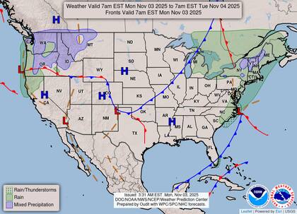 Un frente frío cruzará los Grandes Lagos y el noreste, lo que generará lluvias intermitentes y ráfagas de viento de 25-35 mph (40-56 km/h)