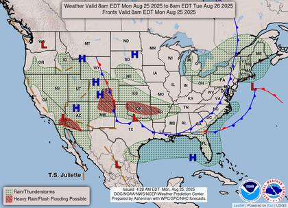 Un frente frío provocará tormentas eléctricas en las Montañas Rocosas centrales y llanuras del sur, con peligro de inundaciones repentinas en Colorado, Kansas, Oklahoma y Arkansas.