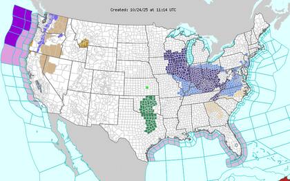 Un frente frío sobre los Grandes Lagos y el noreste mantendrá condiciones frías y secas, con mínimas que bajarán hasta los 32 °F (0 °C) o menos