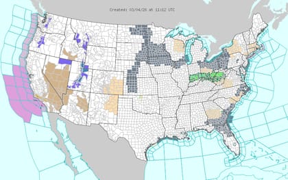 Un frente frío vigoroso de origen pacífico impulsa un descenso térmico en el Intermountain West, con nevadas moderadas a intensas en las elevaciones más altas de las Montañas Rocosas y las Cascadas