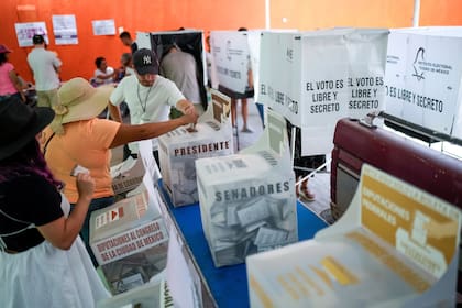 Un funcionario electoral ayuda a una electora con su boleta presidencial durante las elecciones generales en la Ciudad de México, el domingo 2 de junio de 2024. (AP Foto/Matías Delacroix)
