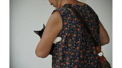 Un gato es transportado por su dueño después de recibir tratamiento en Shanghai TCM