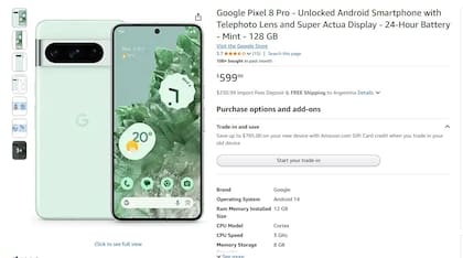 Un Google Pixel 8 Pro en Amazon, con un precio de 599 dólares, a lo que hay que agregar 251 dólares por aranceles de importación y envío (un 42%); la compañía todavía no ajustó su calculadora de costos a la reducción impositiva que rige desde hoy