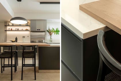 Un gran acierto: para diferenciar la mesada de trabajo del espacio social, las arquitectas optaron por superponer la mesa sobre la isla.