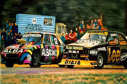 “Un gran duelo”. El Guillermo Maldonado y Juan María Traverso a la par en Pigüé 1988 con el TC2000. Lápices de color sobre canson en medida A3.