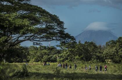 Un grupo de inmigrantes cubanos avanza por los campos nicaragüenses luego de cruzar la frontera con Costa Rica