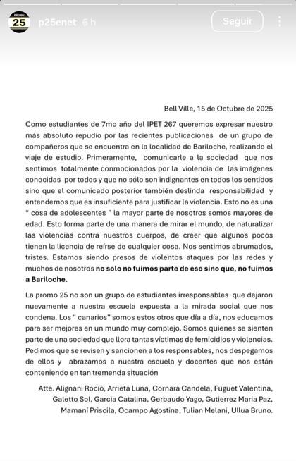 Un grupo de jóvenes de otra división difundió, a través del mismo Instagram por el que se subió el video, un comunicado repudiando lo sucedido