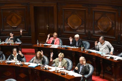 Un grupo de senadores uruguayos de la bancada del Frente Amplio al votar este miércoles, 15 de octubre, durante el debate del proyecto de ley "Muerte Digna", que legaliza la eutanasia en Uruguay, en la sede del Parlamento en Montevideo. EFE/Federico Gutiérrez