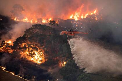 Un helicóptero combate un incendio forestal cerca de Bairnsdale en la región de East Gippsland de Victoria, el 31 de diciembre.