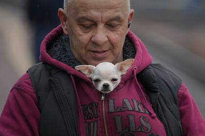 Un hombre calienta a un perro con su chaqueta mientras la gente espera para abordar un tren con destino a Lviv, en Kiev, Ucrania