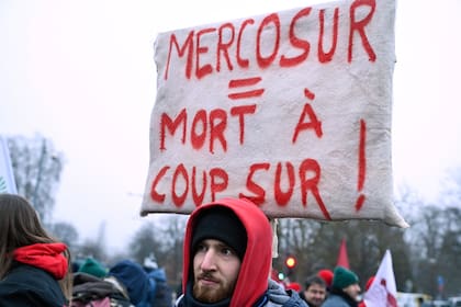 Un hombre con un cartel con la frase (en francés) "Mercosur=muerte asegurada", participa en una protesta contra el acuerdo comercial entre la UE y Mercosur, en el exterior del Parlamento Europeo en Estrasburgo