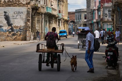 Un hombre monta en triciclo con su perro atado con correa corriendo a su lado durante un apagón en La Habana, Cuba, el lunes 16 de marzo de 2026. (Foto AP/Ramón Espinosa)