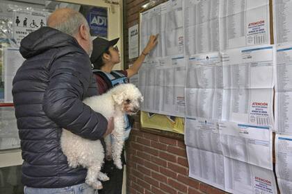 Un hombre sostiene a su perro mientras una policía lo ayuda a encontrar su mesa de votación en una escuela de la Ciudad de Buenos Aires