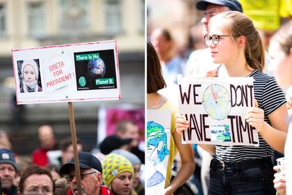 Un hombre sostiene una pancarta con la foto de la activista sueca Greta Thunberg, con la leyenda: "Greta Presidente". Derecha: los jóvenes se manifiestan y advierten: "No tenemos tenemos tiempo".