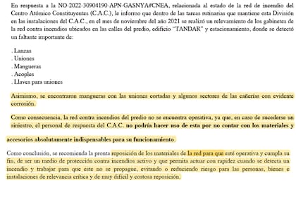 Un informe de los Bomberos da cuenta que las instalaciones para apagar un incendio en el Centro Atómico Constituyentes no están en condiciones de ser utilizadas