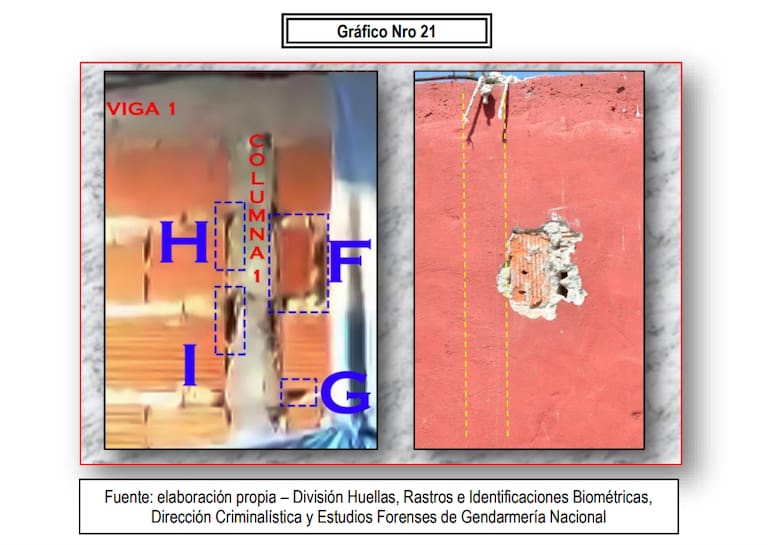 Un ladrillo colocado diferente al resto sirvió para identificar la pared de fondo del video y determinar así que se grabó en una casa de Tobar. Foto del peritaje