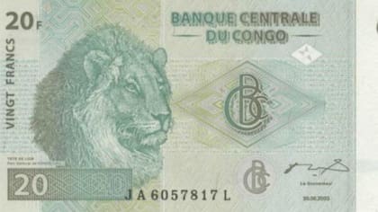 Un león ilustra el billete de 20 francos, en Congo