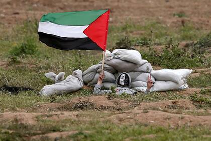 Un manifestante palestino desafiante hace flamear la bandera nacional mientras se cubre.