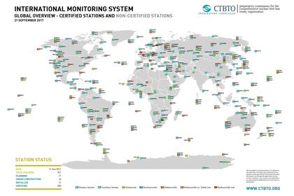 Un mapa con las estaciones de componen el sistema internacional de monitoreo de pruebas nucleares