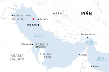 Un mapa del golfo pérsico. En rojo, la isla de Kharg, el posible blanco sobre el cual alertó Irán