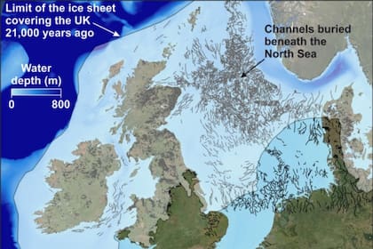 Un mapa del Mar del Norte que muestra la distribución de canales enterrados (valles de túneles) que han sido mapeados previamente utilizando tecnología de reflexión sísmica 3D