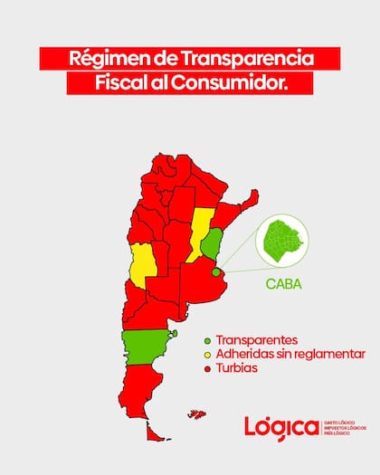 Un mapa elaborado por la ONG Lógica muestra las provincias que ya reglamentaron el Régimen de Transparencia Fiscal al Consumidor y aquellas que todavía no avanzaron con la implementación