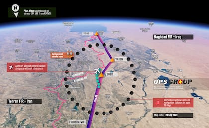 Un mapa muestra la zona entre la frontera de Irán e Irak en la que los datos del GPS dejan de servir para confirmar la ubicación de un avión y asegurar que no entre en otro país sin autorización