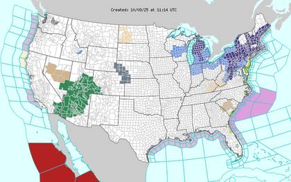 Un marcado descenso térmico afectará al este de EEUU, con máximas entre 50 °F (10 °C) y 60 °F (15 °C) en el Valle de Ohio, el Atlántico medio y el noreste, y mínimas de hasta 30 °F (-1 °C) en el interior del noreste y medio oeste superior