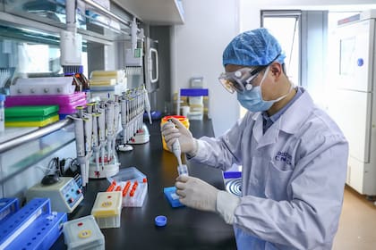 Un miembro del personal analiza muestras de la vacuna inactivada COVID-19 en una planta de producción de vacunas del Grupo Farmacéutico Nacional de China (Sinopharm) en Beijing, capital de China, el 11 de abril de 2020