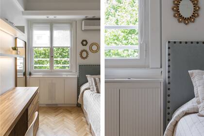 Un mueble laqueado con ventilación en el frente y arriba, oculta el radiador y brinda una superficie de apoyo junto a la cama.