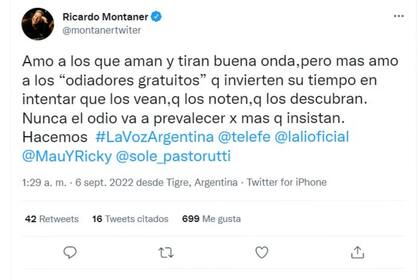 Un nuevo tuit de Ricardo Montaner dedicado a los televidentes que aman y que odian el programa La Voz Argentina