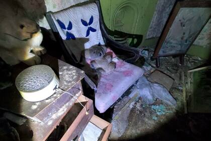 Un osito y un conejo de peluche sobre los muebles de la supuesta antigua dueña