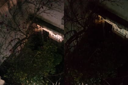 Un patio nocturno. A la izquierda, el HTC One; a la derecha, el Samsung Galaxy S4 (ambos en modo automático)