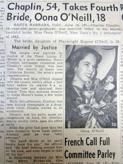 Un periódico de la época retrataba el casamiento: "Chaplin, 54, toma a su cuarta esposa, Oona O'Neill, 18"