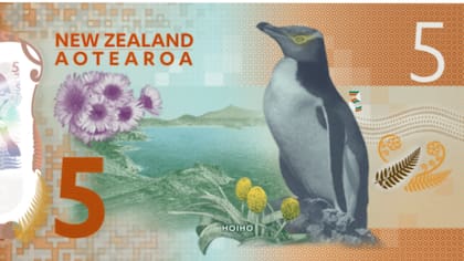 Un pingüino ilustra el reverso del billete de 5 en Nueva Zelanda