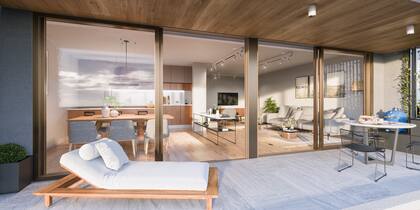 Un piso en Respira Palermo, donde el balcón aterrazado le da continuidad al living comedor generando una conexión distinta con la naturaleza