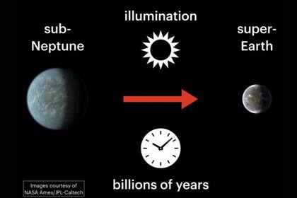 Un planeta subneptuno, inundado de intensa luz estelar durante miles de millones de años, pierde su atmósfera y se reduce a una súper Tierra