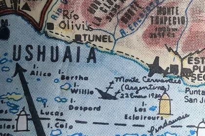 Un plano del canal de Beagle que muestra el lugar donde se hundió el Monte Cervantes