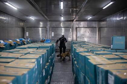 Un policía inspecciona cajas con camarones que serán exportadas en Guayaquil