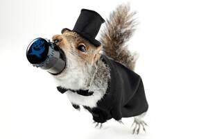 Un porrón dentro de una ardilla embalsamada