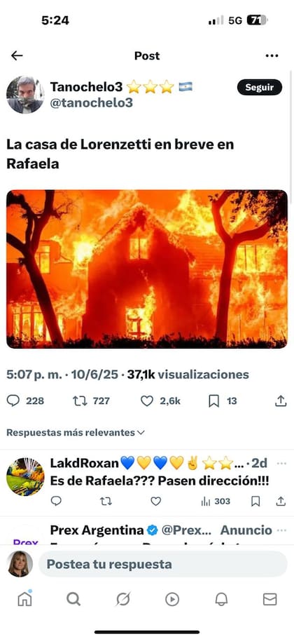 Un posteo amenazante contra Lorenzetti