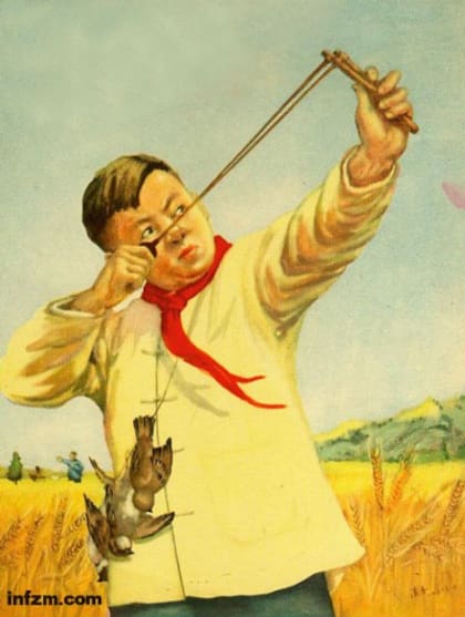 Un póster para alentar a los niños en la "Guerra contra los gorriones"