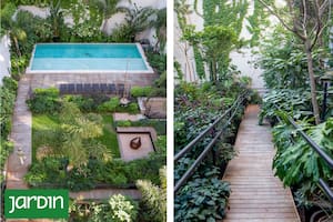Una rampa en zigzag organiza un jardín en terraza con césped, fogón, solárium y pileta