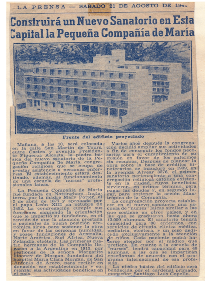 Un recorte de La Prensa del 21 de agosto de 1946 que anuncia la colocación de la piedra básica o fundamental del nuevo sanatorio de la Pequeña Compañía de María, que luego sería Mater Dei