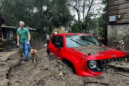 Un residente y su perro caminan junto a un vehículo parcialmente sumergido en lodo tras una tormenta, el viernes 14 de febrero de 2025, en Sierra Madre, California. (AP Foto/Eugene Garcia)