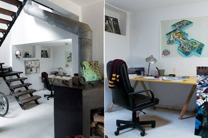 Un rincón se tranforma en escritorio con dos simples caballetes y una tabla de madera. Para armonizar la vista a la pared se sumó una lámina que oficia de "vista" en esta oficina hogareña