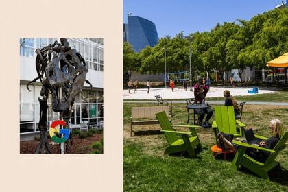 Un sendero recorre todo el Googleplex, pasando junto a un esqueleto gigante de dinosaurio, una cancha de voleibol de playa y empleados almorzando bajo el sol invernal.