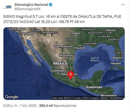Un sismo de 5,7 en la escala de Richter se registró en México el 7 de diciembre de 2023