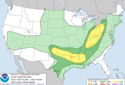 Un sistema de baja presión avanzará hacia el noreste, el cual afectará los valles del Mississippi, Ohio y Tennessee con vientos superiores a 100 km/h y posible actividad tornádica